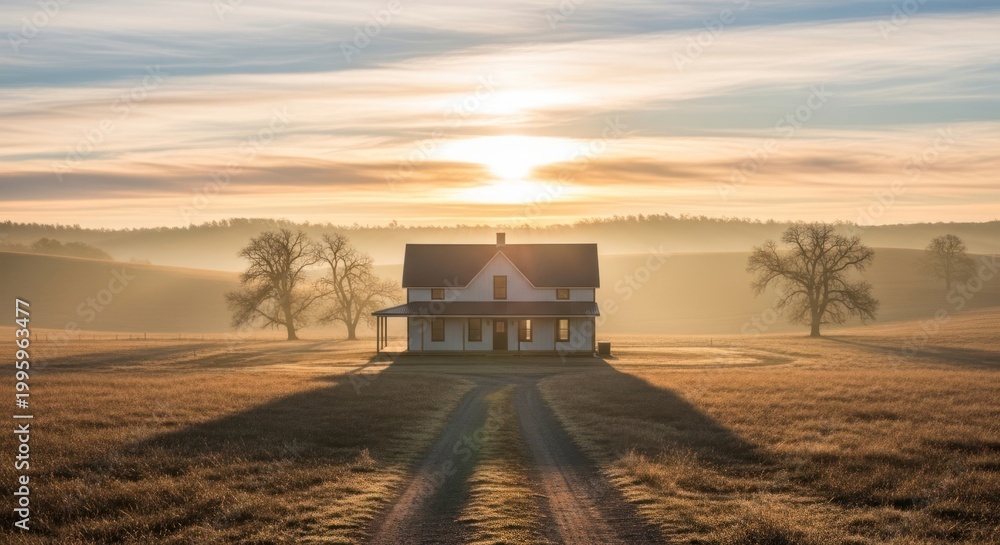 Fototapeta premium Solitary farmhouse bathed in golden sunrise light, casting long shadows across a misty rural field.