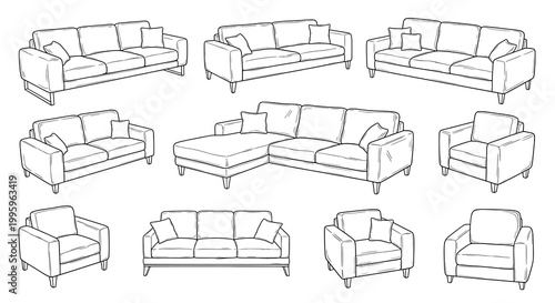 Collection of diverse modern and classic sofa designs for interior decoration