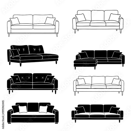 Collection of Diverse Sofa Designs Presented in Black and White Silhouettes