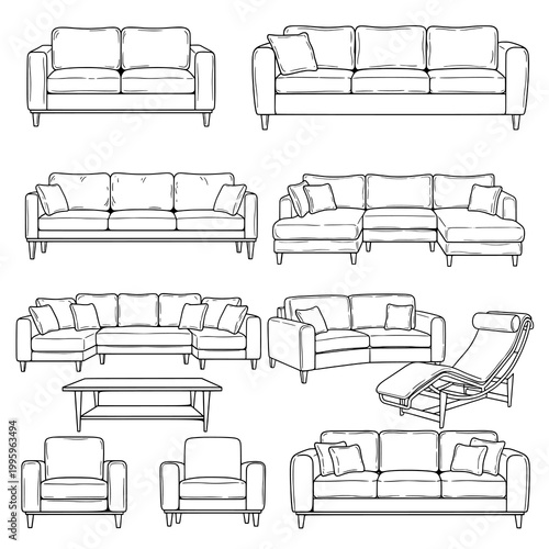 Collection of Hand-Drawn Line Art Illustrations of Various Sofa Designs