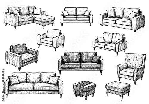 Collection of Hand-Drawn Illustrations of Various Sofas, Armchairs, and Ottomans