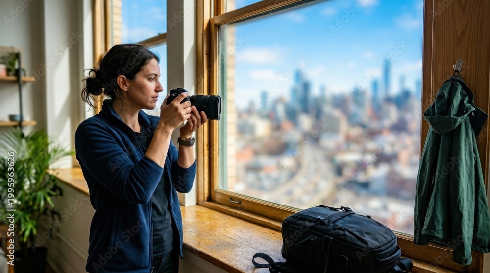 Fototapeta premium Photographer checking the weather and lighting conditions from a window before starting a street session, reflecting the observation and anticipation of urban photography.