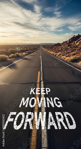 Keep Moving Forward Motivational Quote on Desert Road at Sunset.