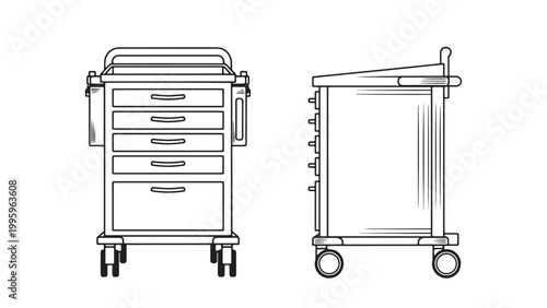 Detailed black and white line art vector illustration of a modern medical crash cart with multiple drawers and wheels, essential hospital emergency equipment.