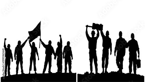 Silhouettes of workers and activists celebrating success and unity