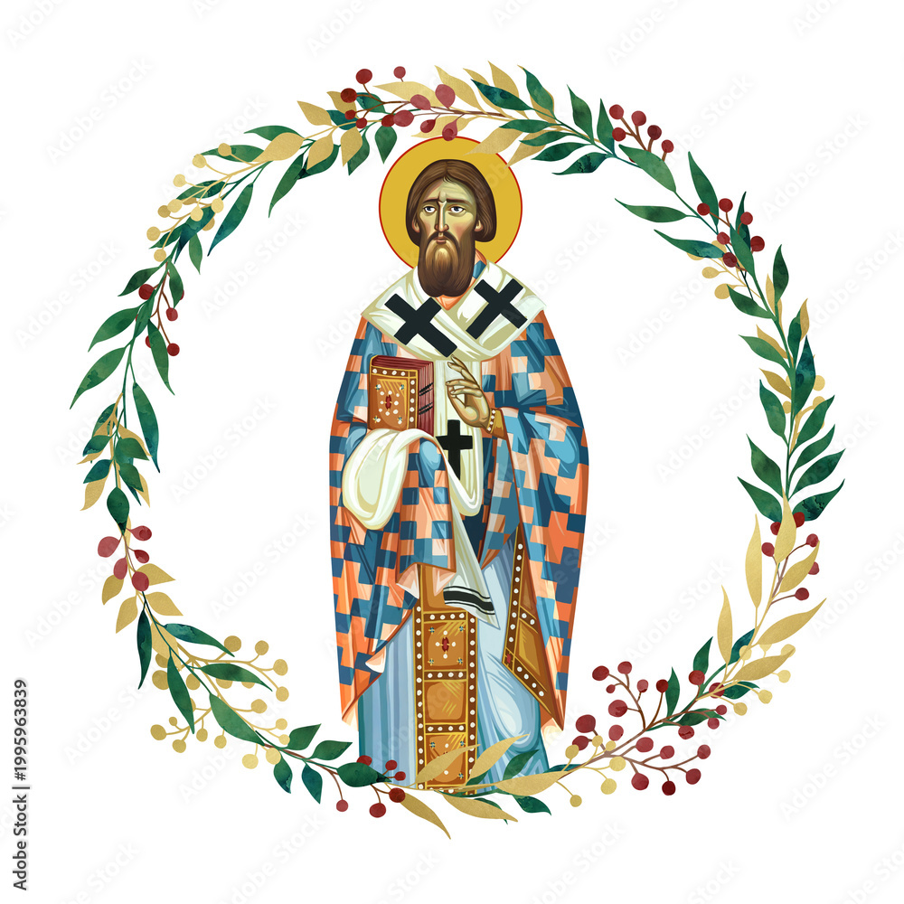 Fototapeta premium Saint Sava Serbian. Decorative vintage floral wreath, illustration in Byzantine style isolated