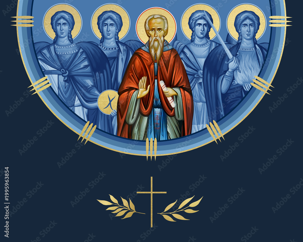 Fototapeta premium Saint Petrit Korishes and four cardinal points (Archangel Gabriel, Uriel, Raphael and Michael). Illustration in Byzantine style isolated