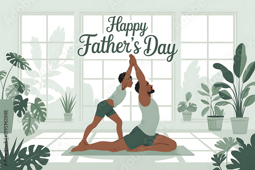 A man and a boy practicing yoga together on a mat in a room with large windows and plants on transparent background