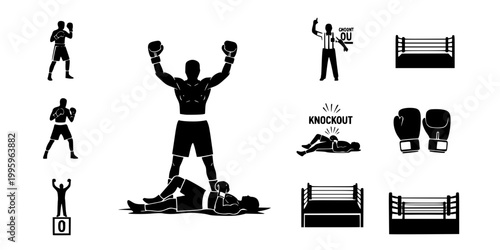 Victorious Boxer Standing Over Downed Opponent Silhouette Vector