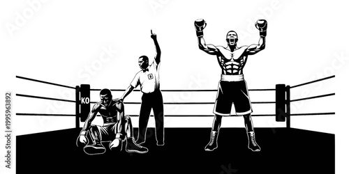 Victorious Boxer Standing Over Downed Opponent Silhouette Vector