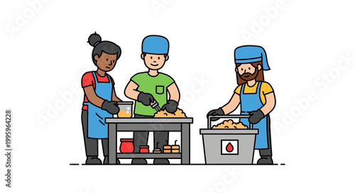 Three Bakers Working Together in a Commercial Bakery Kitchen.