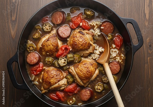 Delicious Chicken Sausage Gumbo Stew with Okra and Tomatoes.