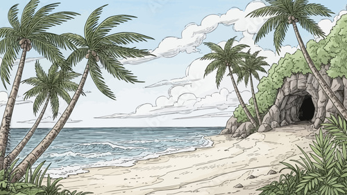 Tropical island beach with ocean waves and a cave entrance.