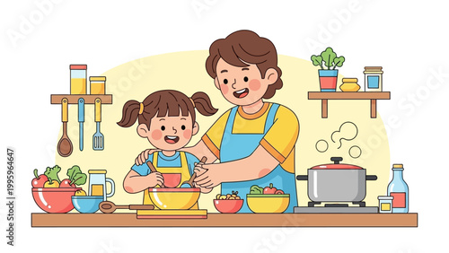 Happy mother and daughter cooking together in the kitchen