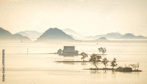 黄金色の湖畔に佇む寺院と島々を描いた和風水彩画。静謐な祈りの風景と伝統美を表現する背景素材。