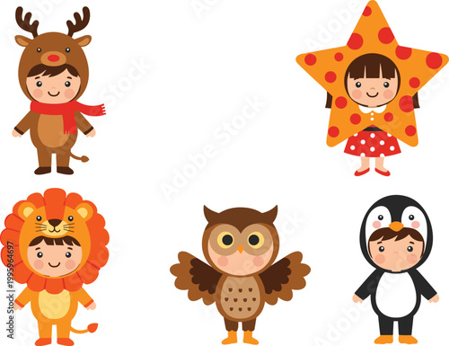Kids in Animal and Star Costumes Set with Deer Lion Owl Penguin and Starfish Cute Cartoon Characters Flat Vector Illustration Collection