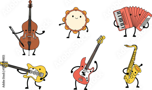 Cute Musical Instruments Cartoon Characters Set with Guitar Bass Saxophone Accordion Tambourine and Cello Flat Vector Illustration Collection