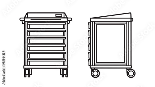 Front and Side View Line Art Vector Icons of Modern Medical Utility Carts with Multiple Storage Drawers and Wheels for Hospital or Industrial Use