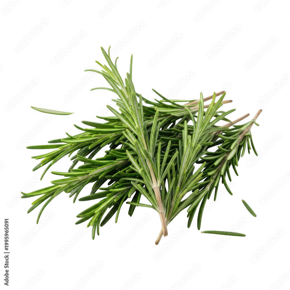 Obraz premium Fresh green rosemary sprigs bunched together, isolated on a solid black background, showing needle-like leaves and woody stems in a close-up culinary herb arrangement