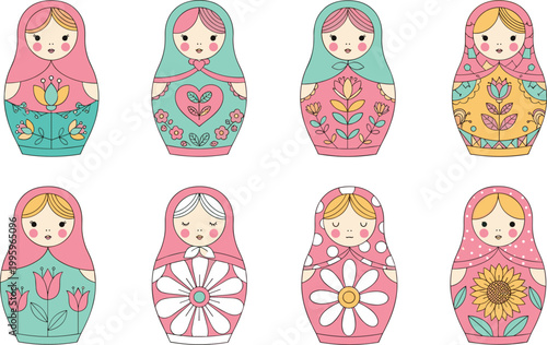 Matryoshka Dolls Collection with Floral Patterns Cute Russian Nesting Dolls Folk Art Flat Vector Illustration Set