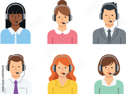 Customer Support Agents Set with Call Center Operators Wearing Headsets Help Desk Service Team Flat Vector Illustration Collection