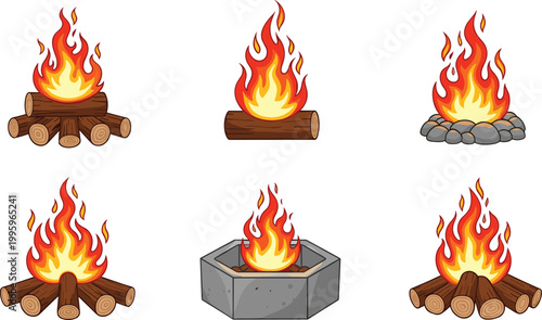 Campfire Flames Collection with Firewood Logs and Fire Pit Burning Outdoor Camping Elements Flat Vector Illustration Set