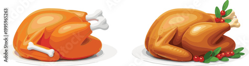 Roasted turkey whole and sliced festive holiday meal Thanksgiving dinner food illustration cartoon vector isolated on light background