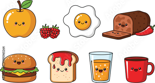 Cute Kawaii Food Characters Set with Apple Egg Bread Burger Juice and Coffee Adorable Cartoon Flat Vector Illustration Collection
