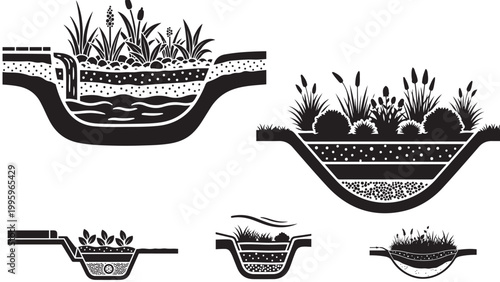 Set Of Rain Garden And Bioswale Cross Section Diagrams For Stormwater Drainage Design