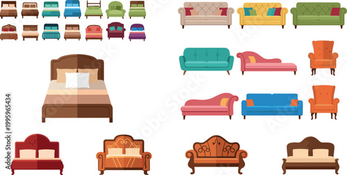 Sofa couch and bed furniture vector set with classic and modern home interior seating and sleeping flat illustration collection