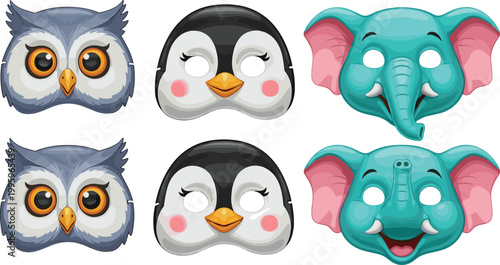Animal Face Masks Set with Owl Penguin and Elephant Cute Carnival Costume Masks Flat Vector Illustration Collection