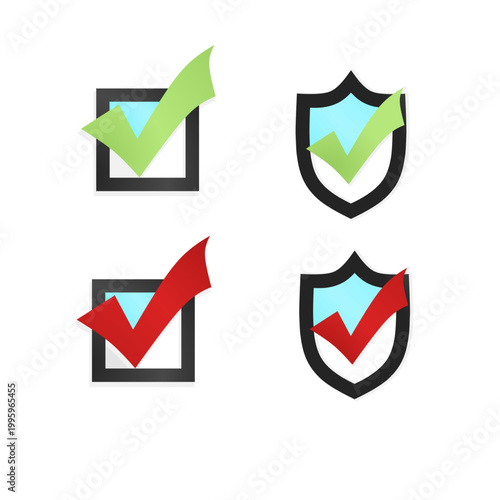 Set of check mark icons in square and shield shapes, green and red checkmarks for approval and security verification