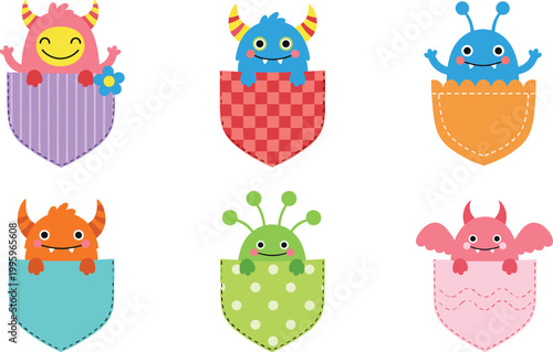 Cute Monster Characters in Pocket Set with Funny Colorful Creatures Peeking from Pockets Kawaii Cartoon Flat Vector Illustration Collection