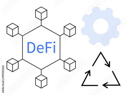 Financial technology, blockchain, sustainability, innovation, decentralized systems, eco-friendly finance. A decentralized finance network linked with blockchain and a recycling symbol. Financial