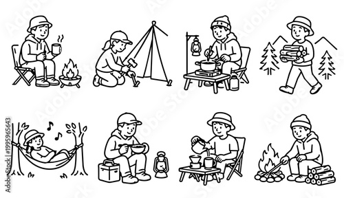 キャンプ人物線画セット・ベクター・ソロキャンプ｜Camping people line art set outdoor activity illustration simple vector , vector