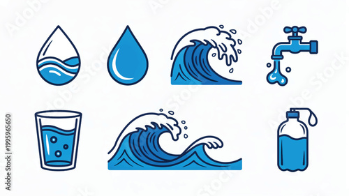 Eight minimalist blue icons depict various water forms and objects in a simple black outline style.