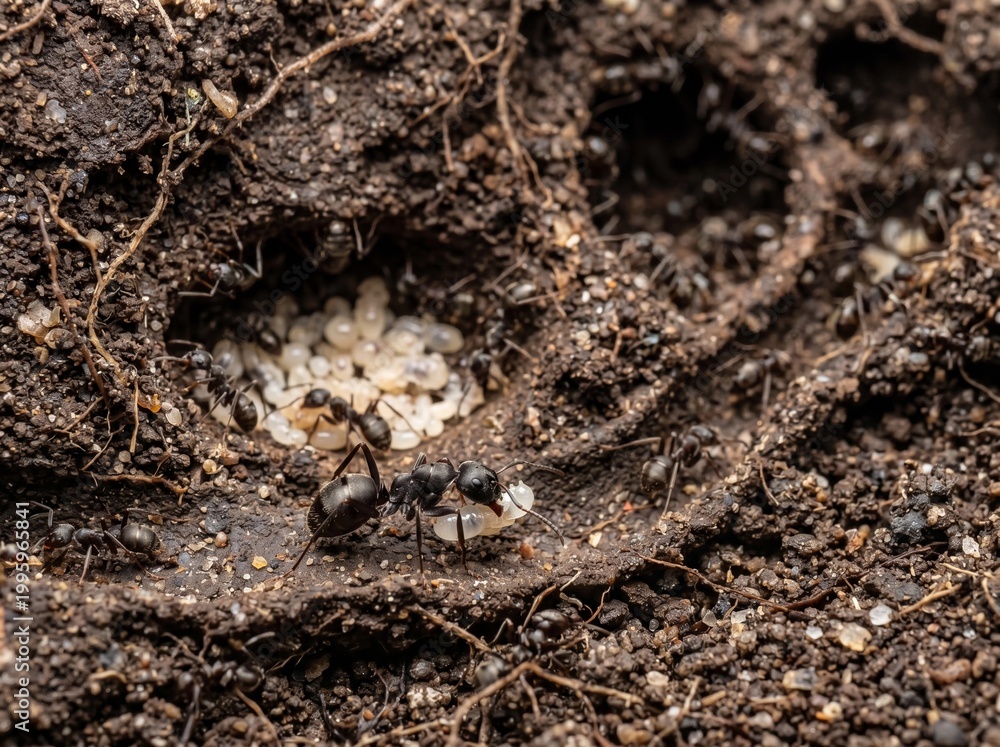 Fototapeta premium Macro Shot of Black Ants Tending Larvae in Underground Nest