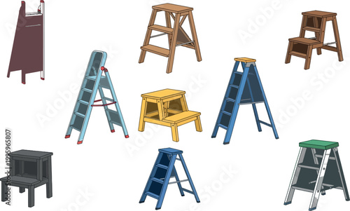 Step Ladder and Stool Icon Set with Wooden and Metal Designs for Household, Construction, Maintenance and Climbing Equipment Collection