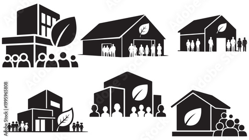 Set Of Eco Friendly Community Buildings With People Silhouettes And Green Leaf Symbols