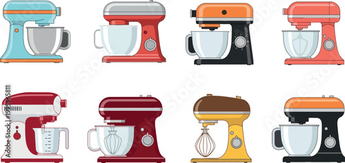 Stand Mixer Kitchen Appliance Icon Set with Different Colors and Styles for Baking, Cooking, Food Preparation and Home Kitchen Design