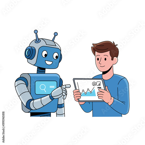 AI Robot Assisting Human with Data Analysis – Artificial Intelligence Collaboration Vector