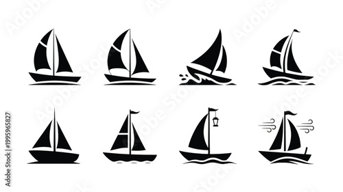 Eight minimalist black and white sailboats on water