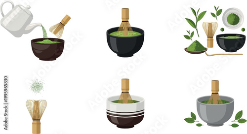Matcha Tea Preparation Process Icon Set with Pouring, Whisking and Serving Steps for Japanese Traditional Beverage Design