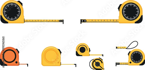 Measuring Tape Icon Set with Retractable Ruler Tools in Different Angles for Construction, DIY, Engineering and Measurement Design