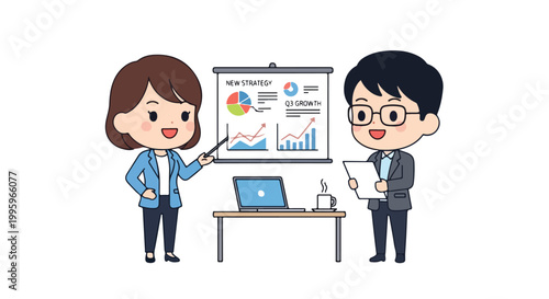 A cute chibi-style illustration of a businesswoman presenting a new strategy to a colleague in an office setting with charts and graphs.