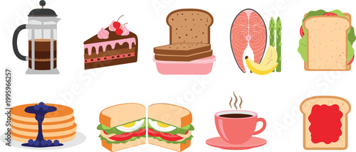 Breakfast and Snack Food Set with Coffee Cake Sandwich Pancakes Salmon and Toast Flat Vector Illustration Collection