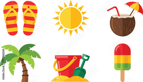 Summer Beach Elements Set with Flip Flops Sun Coconut Drink Palm Tree Sand Toys and Ice Cream Flat Vector Illustration Collection