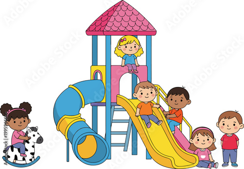 Kids Playing on Playground Set with Children Using Slide Tunnel Climber and Rocking Horse Outdoor Activity Flat Vector Illustration Collection