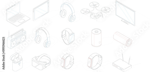 Isometric Technology Gadget Icon Set with Laptop, Drone, Headphones, Smartwatch, VR Headset, and Modern Devices for Digital Designs