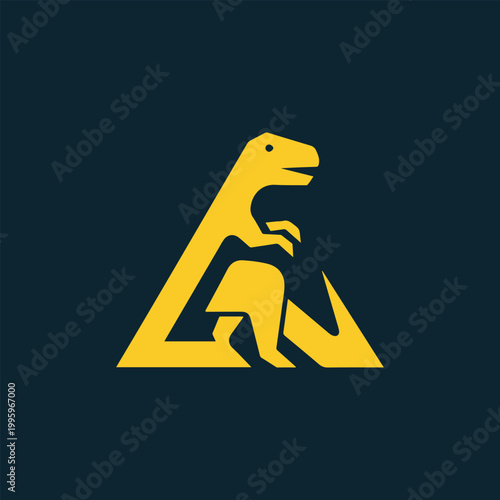 Yellow dinosaur silhouette inside a yellow abstract triangle on a dark blue background.